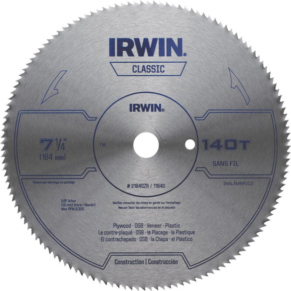 Irwin Steel 7-1/4 In. 140-Tooth Smooth Finish Ripping/Crosscutting Circular Saw Blade, Bulk